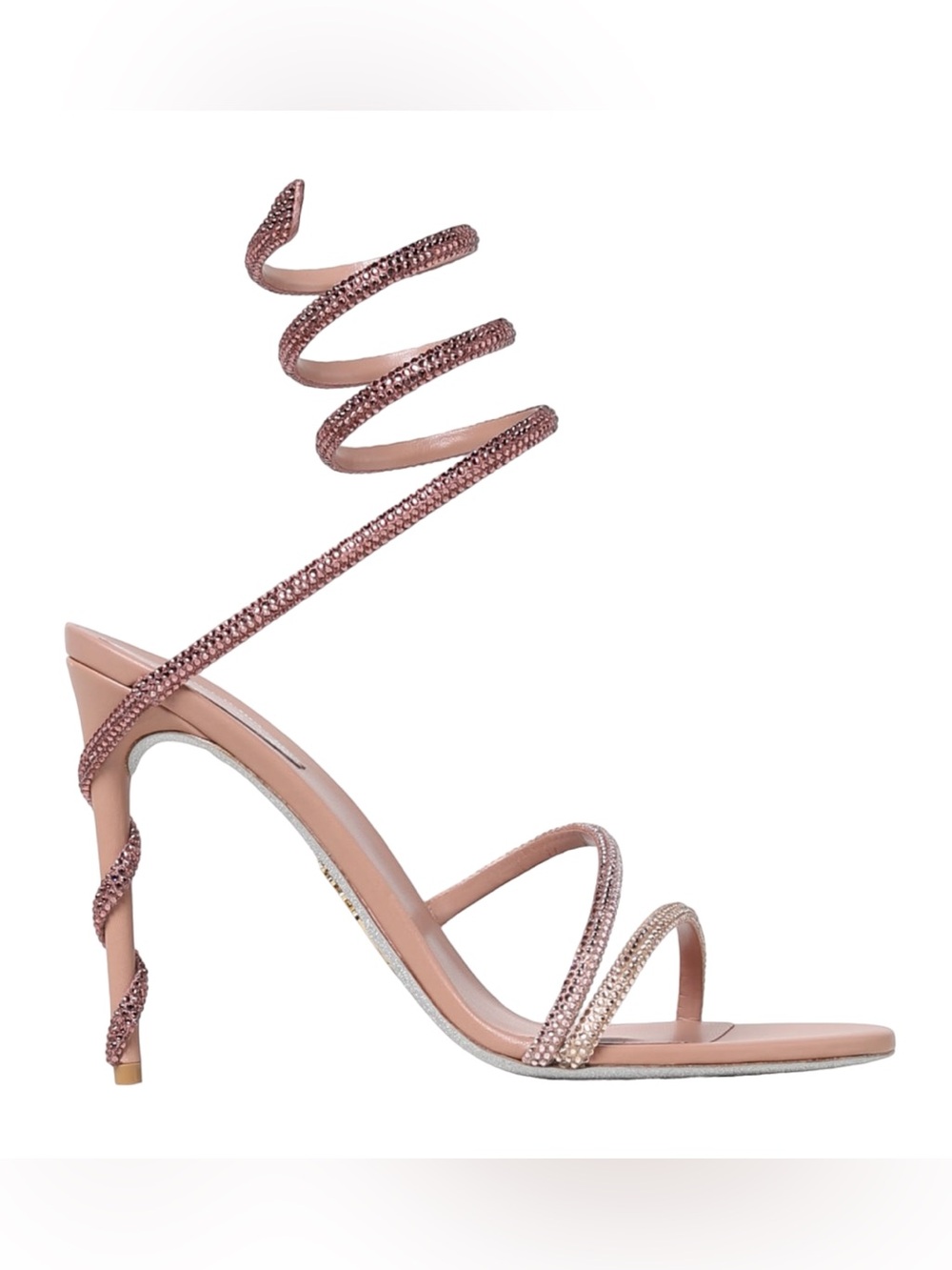 Rene Caovilla Margot Nude Satin Light Peach Blush Rose Crystal 105mm Heels 38